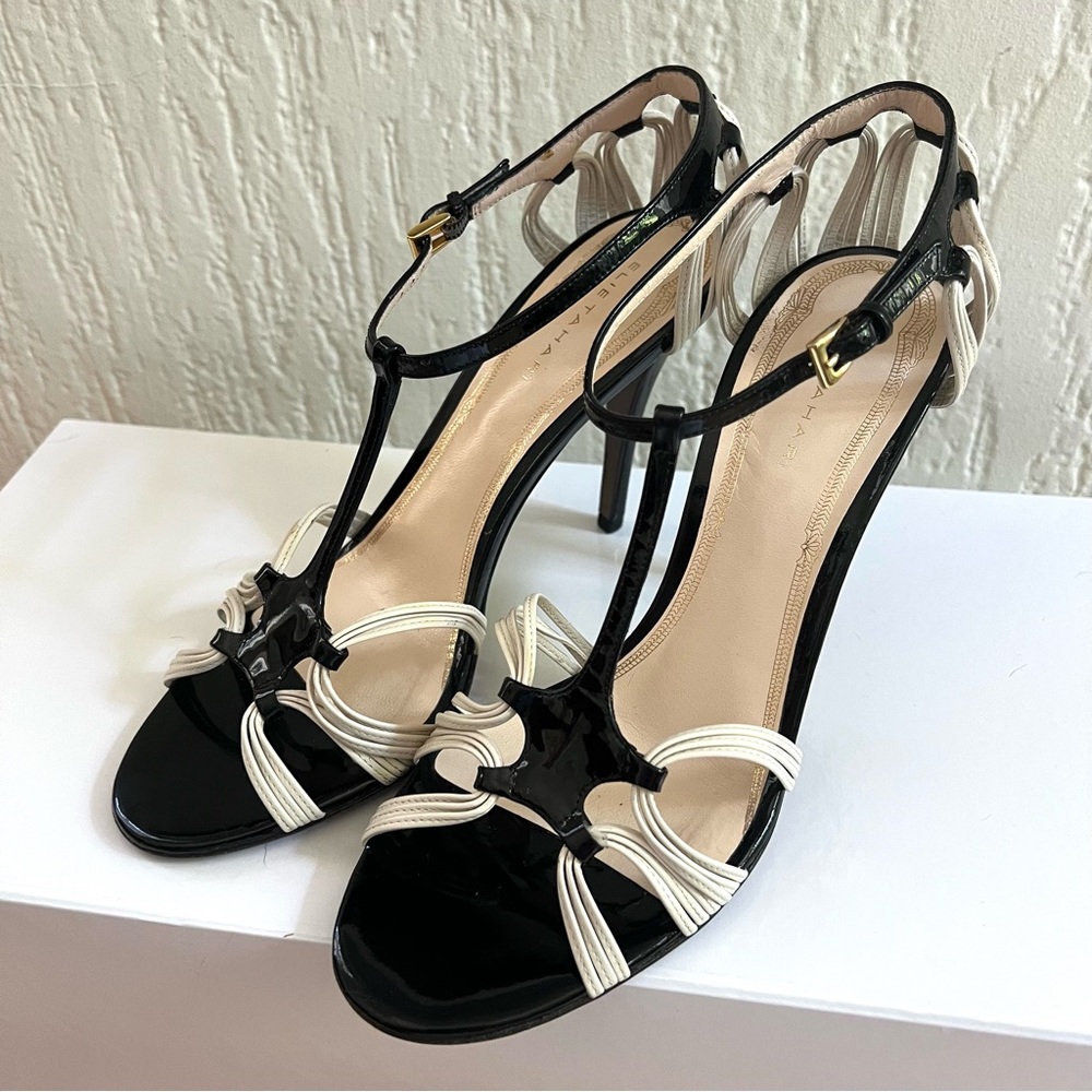 ELIE TAHARI Cage Patent Leather Elegant Black & White Heels Size 39